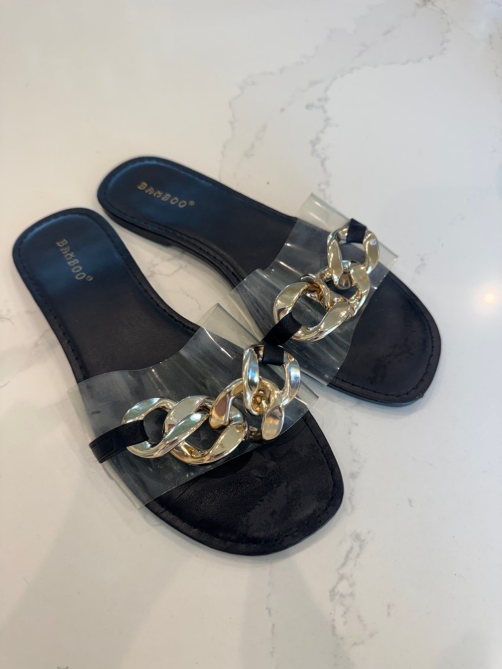 BAMBOO Black‎ Slide Sandals with Gold Chain Detail